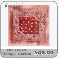 a red bandanna with the words made in the usa hemp and cotton